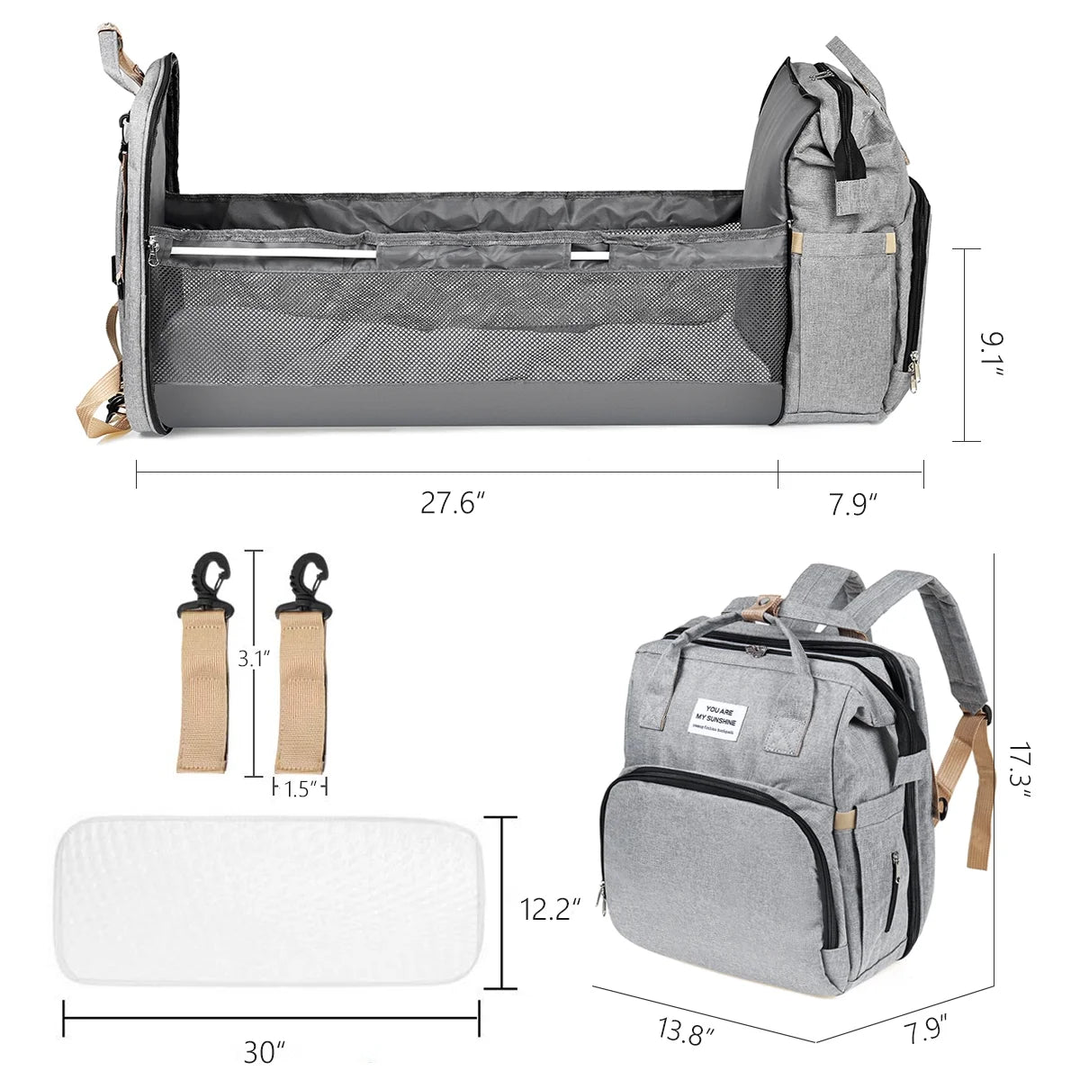 Diaper Bag Backpack, Multifunction 3 in 1 Waterproof Travel Back Pack, Baby Changing Bags with Changing Pad, Stroller Straps, Unisex, Grey