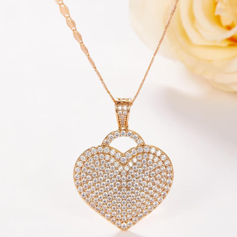 (X009) 'Locked Love Heart' Pendant Cubic Zircon Necklace Elegant Trendy Design for Women Ideal Gift for Birthdays, Anniversaries, and Holidays