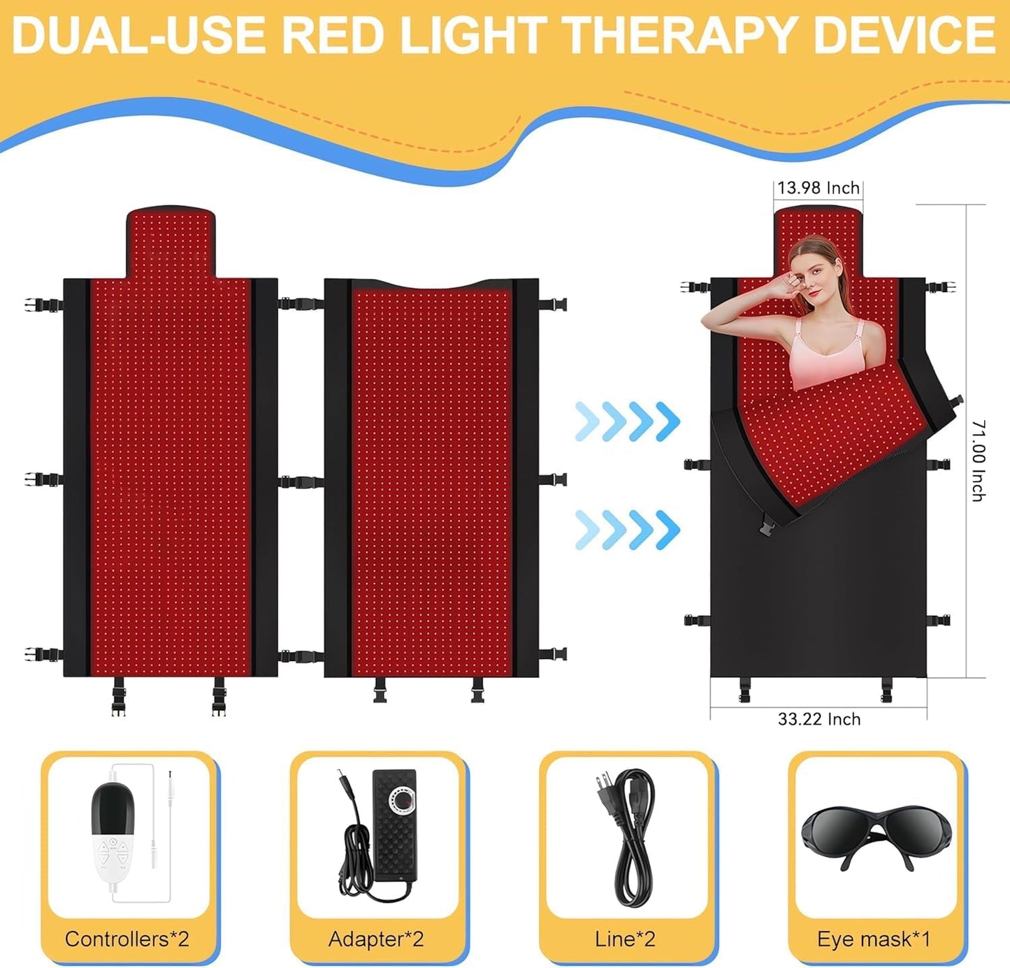 2025 New 3100Pcs Dual Wavelength LED Beads 660Nm&850Nm Red Light Therapy Mat Full Body Used to Relieve Pain 71''X 33''(Black)