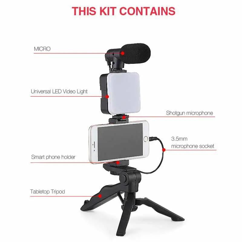 Portable Phone Selfie Stick Tripod with LED Fill Light & Microphone, 1 Set Battery Operated Angle Flexible Adjustable Selfie Stick with Phone Holder (Without Battery), Phone Tripod for Iphone with Mic