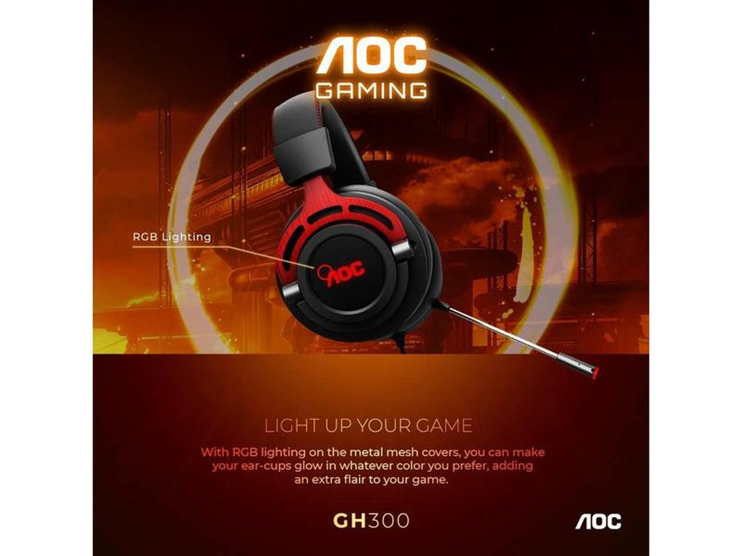 AOC GH300 USB Gaming Headset with RGB-LED Gaming Headset with Detachable Microphone, 50Mm Drivers and 7.1 Virtual Surround Stereo with Hi-Fi Audio