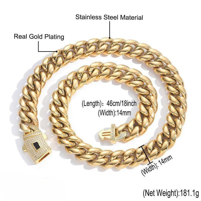 Mens Cuban Link Necklace Stainless Steel Miami Thick Necklace Hip Hop Jewelry 6/8/10/12/14 MM Men'S Gold-Plated Cuban Link Necklace