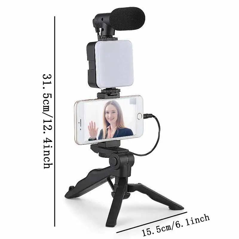 Portable Phone Selfie Stick Tripod with LED Fill Light & Microphone, 1 Set Battery Operated Angle Flexible Adjustable Selfie Stick with Phone Holder (Without Battery), Phone Tripod for Iphone with Mic