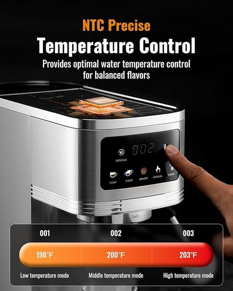 Professional Espresso Machine 20 Bar with Milk Frother Steam Wand and Touchscreen, Compact Stainless Steel Coffee Machine with Adjustable Temperature