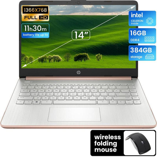 HP 14 Inch Laptop for Students and Business, Intel Quad-Core Processor, up to 16GB RAM, 384GB Storage, Long Battery Life, UHD Graphics, Win 11 S, Rose Gold,Bundle with Folding Mouse