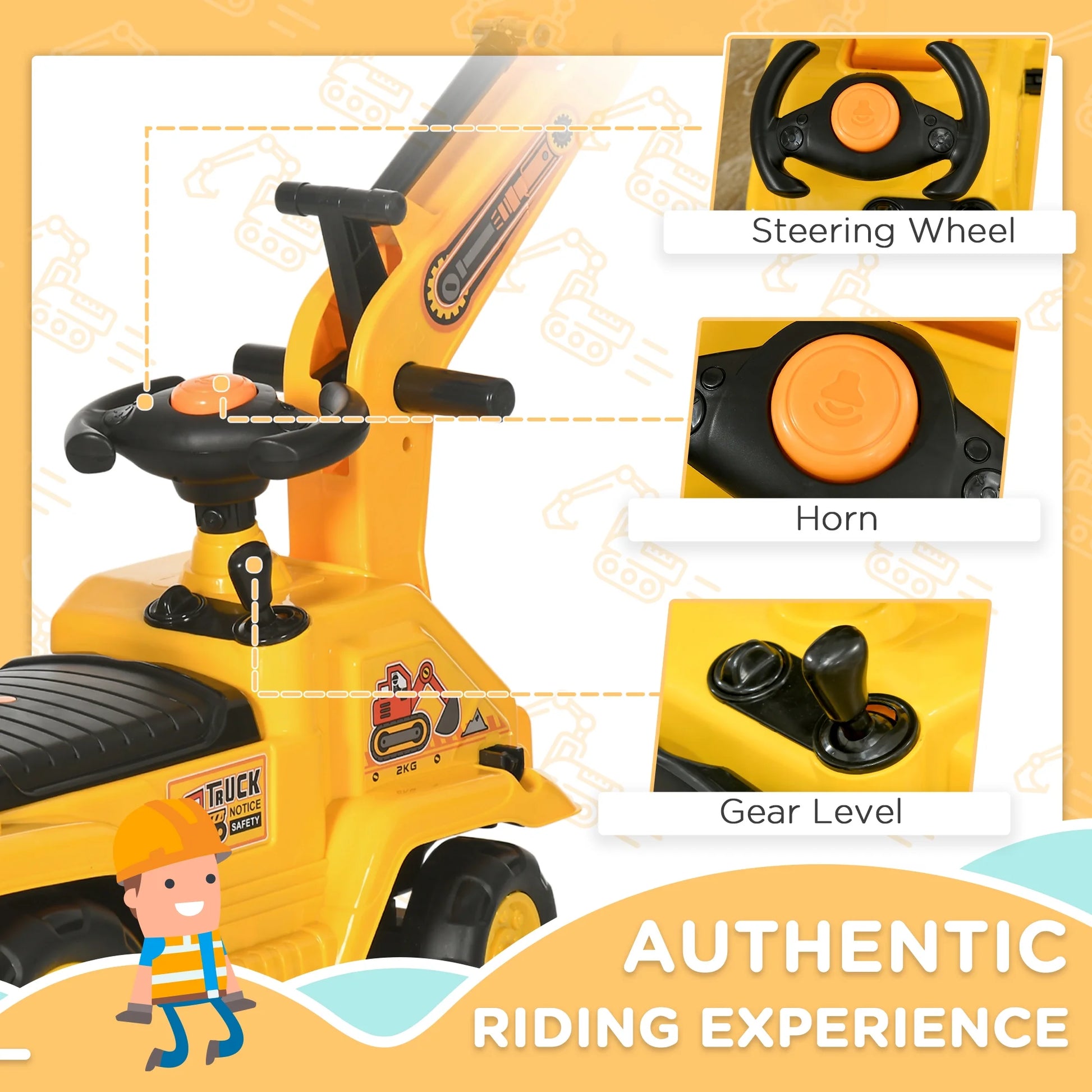 3 in 1 Ride on Toy Excavator Digger Scooter Pulling Cart Pretend Play Construction Truck