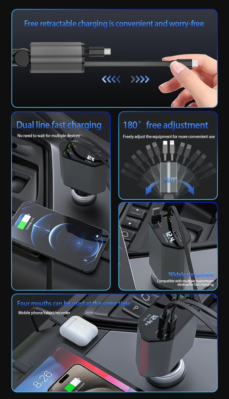 120W Retractable Car Charger | 4-in-1 Fast Charging | USB & Retractable Cables | iPhone, Galaxy, Pixel