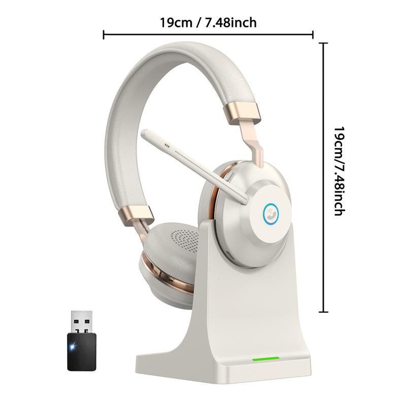 Bluetooth Headset, Wireless Headset with Microphone Noise Canceling & USB Dongle, V5.2 Bluetooth Headphones with Charging Base, 45Hrs Talktime for Office/Pc/Laptop/Call Center/Meeting/Audio Button