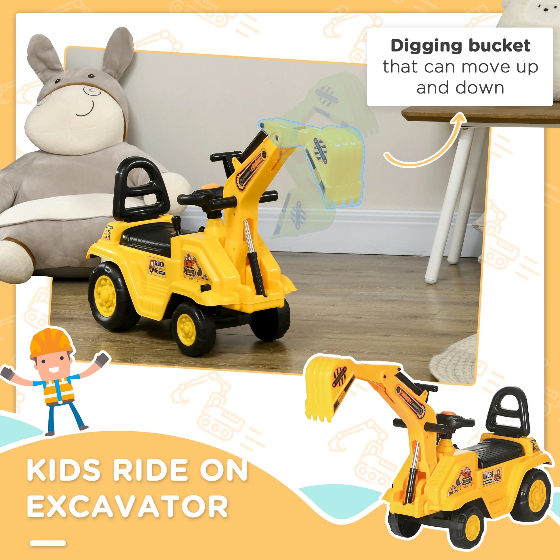 3 in 1 Ride on Toy Excavator Digger Scooter Pulling Cart Pretend Play Construction Truck