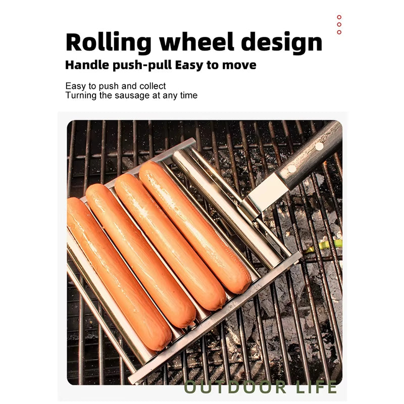 Hot Dog Roller Rack, Stainless Steel Outdoors BBQ Sausage Grill Pan with Long Wood Handle,New Barbecue Tools