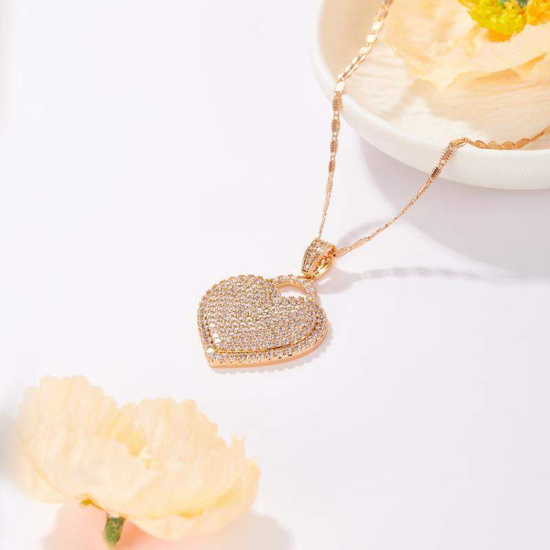 （X009） 'Locked Love Heart' Pendant Cubic Zircon Necklace Elegant Trendy Design for Women Ideal Gift for Birthdays, Anniversaries, and Holidays