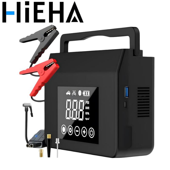 【Hieha】Portable Car Jump Starter with Air Compressor,4000A Car Battery Jump Starter (ALL Gas/7.0L Diesel) with 150PSI Tire Inflator, 12V Car Battery Jump Power,15000Mah Power Bank with LED Light