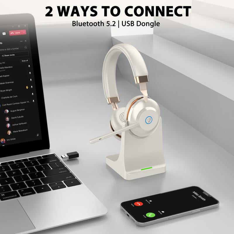 Bluetooth Headset, Wireless Headset with Microphone Noise Canceling & USB Dongle, V5.2 Bluetooth Headphones with Charging Base, 45Hrs Talktime for Office/Pc/Laptop/Call Center/Meeting/Audio Button