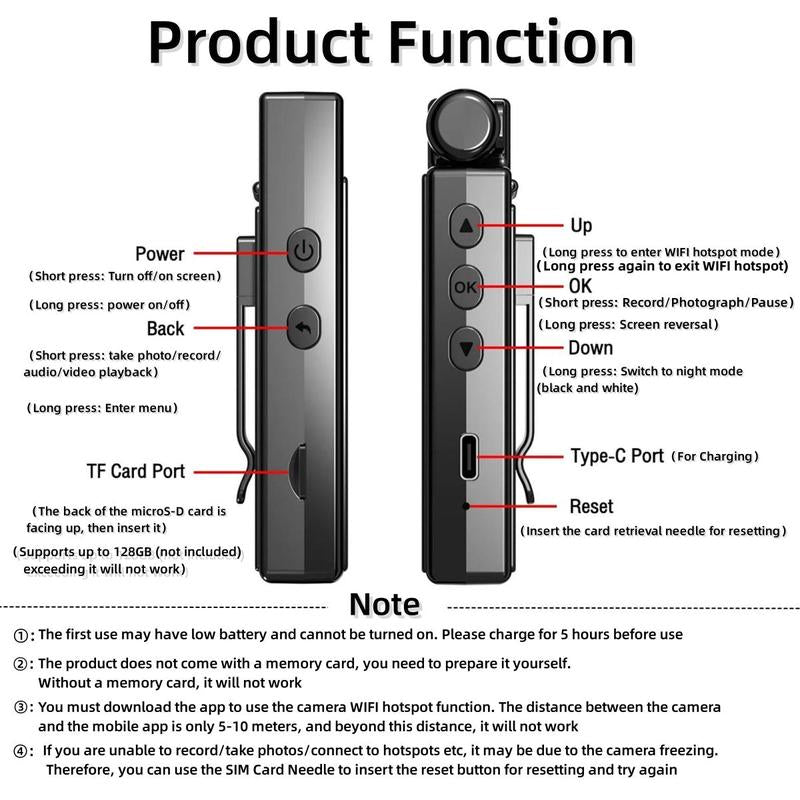 Hd Wearable Vlogging Camera, Portable Body Camera with 180° Rotation Lens & 1.3'' LCD Color Screen, Wireless Wifi Action Camera with Motion-Detection