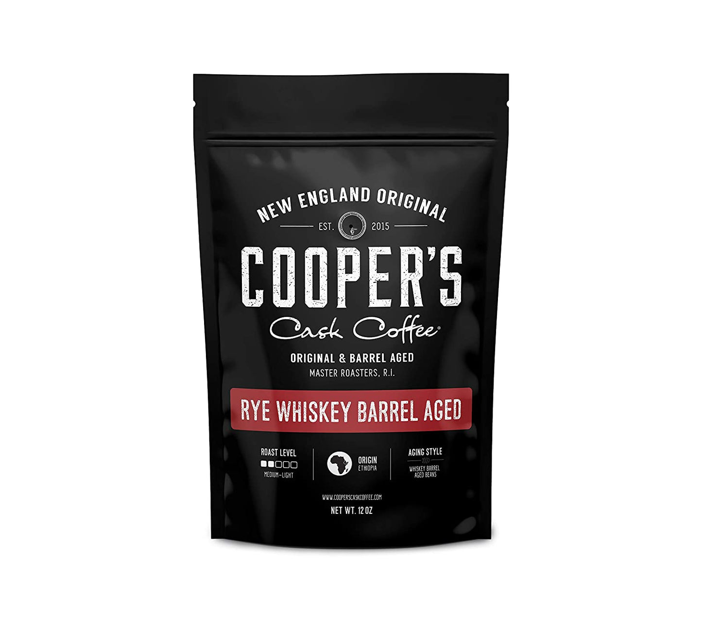 Rye Whiskey Barrel Aged Coffee, Medium Roast Ethiopian Beans Aged in Rye Whiskey Barrels,12 Oz Bags, Ground