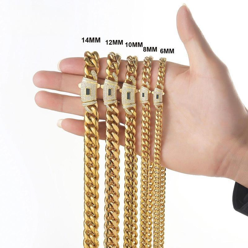 Mens Cuban Link Necklace Stainless Steel Miami Thick Necklace Hip Hop Jewelry 6/8/10/12/14 MM Men'S Gold-Plated Cuban Link Necklace