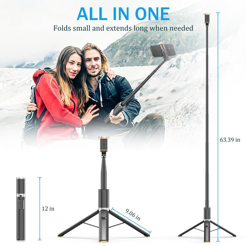 Portable Selfie Stick Tripod, 63" with Remote & Iphone Stand for Video Recording, Travel-Friendly Tripod for Iphone, Cell Phone Tripod Compatible with Iphone 15/14/13 Pro Max/Android