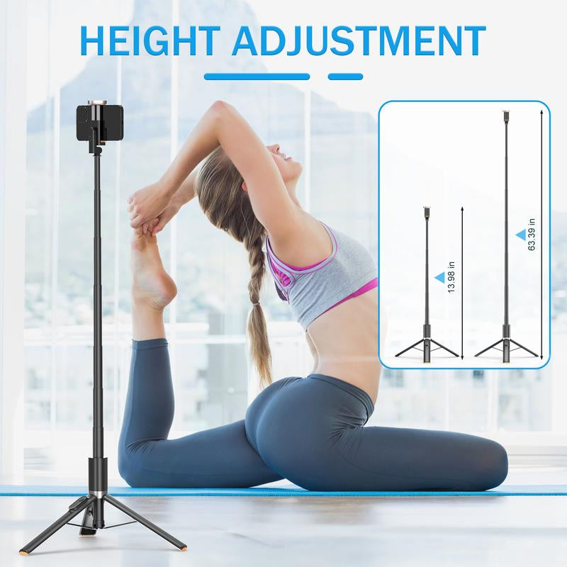 Portable Selfie Stick Tripod, 63" with Remote & Iphone Stand for Video Recording, Travel-Friendly Tripod for Iphone, Cell Phone Tripod Compatible with Iphone 15/14/13 Pro Max/Android