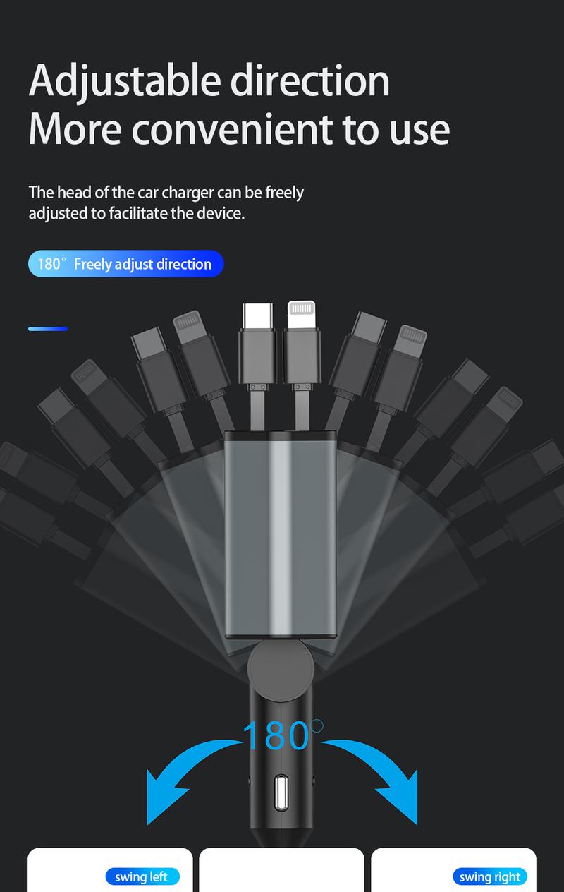 120W Retractable Car Charger | 4-in-1 Fast Charging | USB & Retractable Cables | iPhone, Galaxy, Pixel