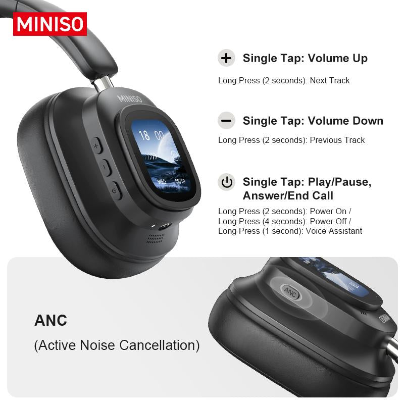 MINISO G90 Wireless Headphones with Built-In Microphone ANC Noise Cancellation Touch Screen Headset HIFI Stereo Full-Color Display Multifunctional Earbuds Foldable Gaming Headset for Phones,Computers, MP3