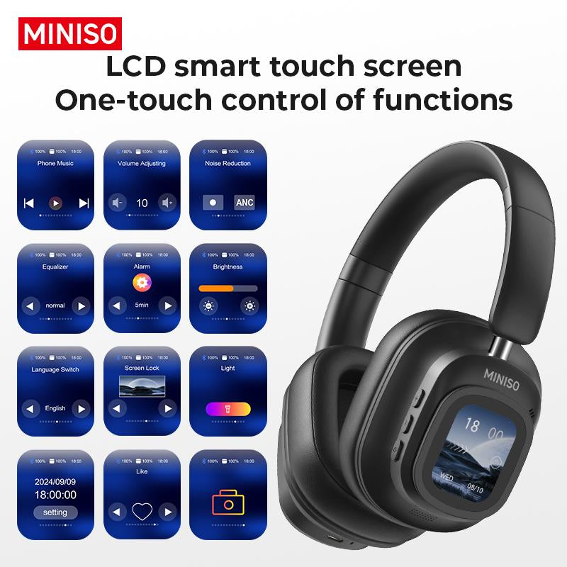 MINISO G90 Wireless Headphones with Built-In Microphone ANC Noise Cancellation Touch Screen Headset HIFI Stereo Full-Color Display Multifunctional Earbuds Foldable Gaming Headset for Phones,Computers, MP3