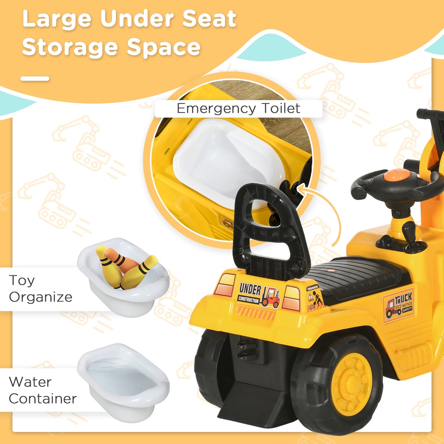 3 in 1 Ride on Toy Excavator Digger Scooter Pulling Cart Pretend Play Construction Truck