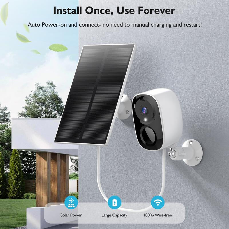 Solar Security Cameras Outdoor, 2K Battery Powered Wifi Bluetooth Surveillance Wireless Outdoor Cameras for Home Security System, Night Vision, Motion Detection, 2-Way-Talk, IP65 Weatherproof Monitoring Mini Camera