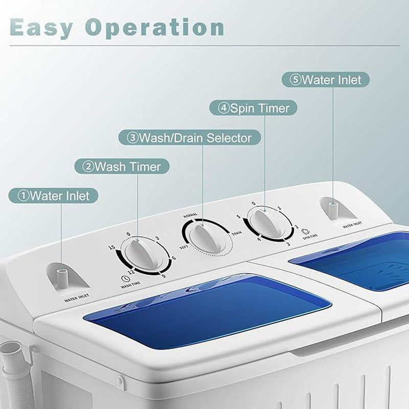 Costway Washing Machine-Portable Mini Compact Twin Tub Washer, Control Knobs, Timer Control, Built-In Pump Drain, Durable Design, Compact Laundry Washer for RV, Apartments and Dorms