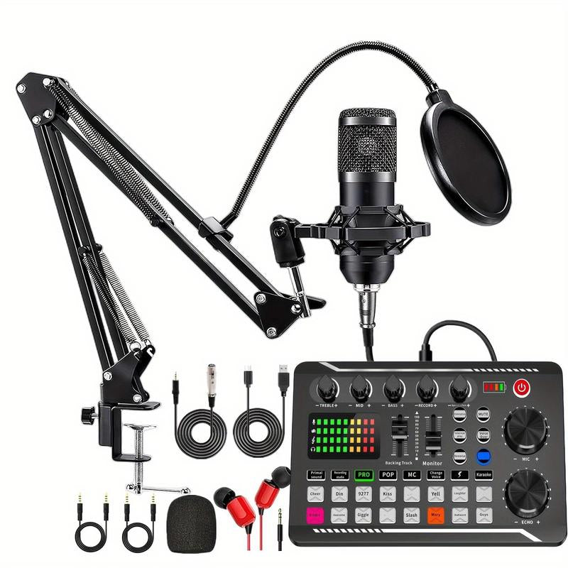 Podcast Equipment Bundle (1 Set), USB Rechargeable Podcast Microphone Set with Voice Changer, Microphone Recording Studio Condenser Set for Podcasting Live Streaming Singing