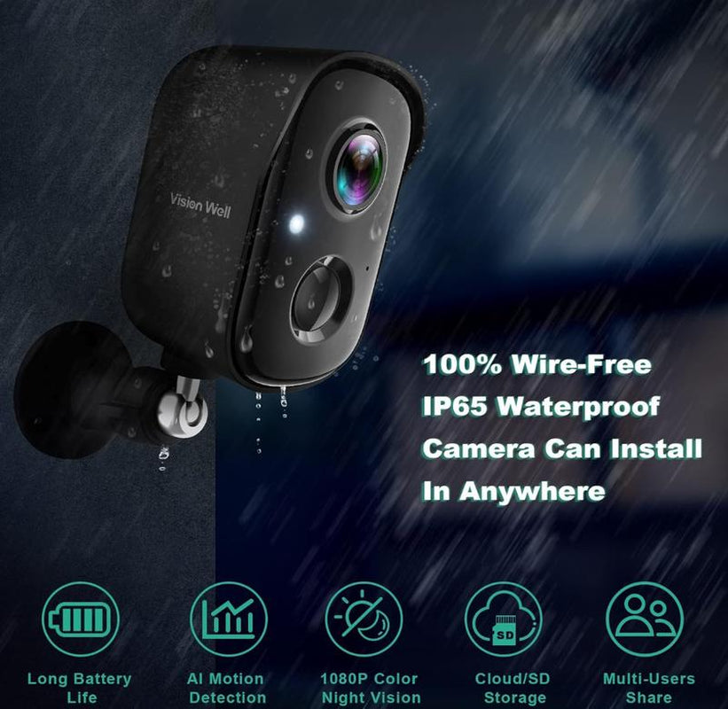 VISION WELL Security Cameras Wireless Outdoor, 1080P Battery Powered AI Motion Detection Spotlight Siren Alarm Wifi Surveillance Indoor Home Camera, Color Night Vision, 2-Way Talk, Waterproof, Cloud/Sd Storage Audio Cable