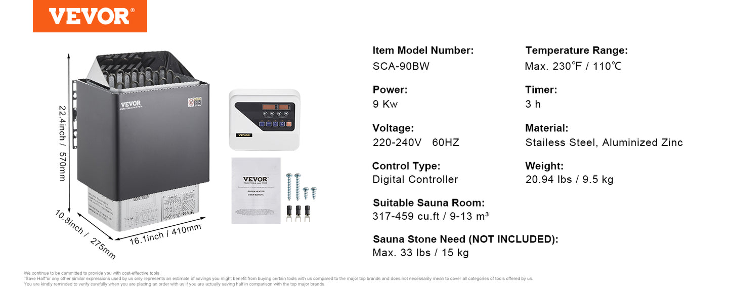 VEVOR 9kW Sauna Heater with External Controller - Fast Heating, Residential & Commercial Use